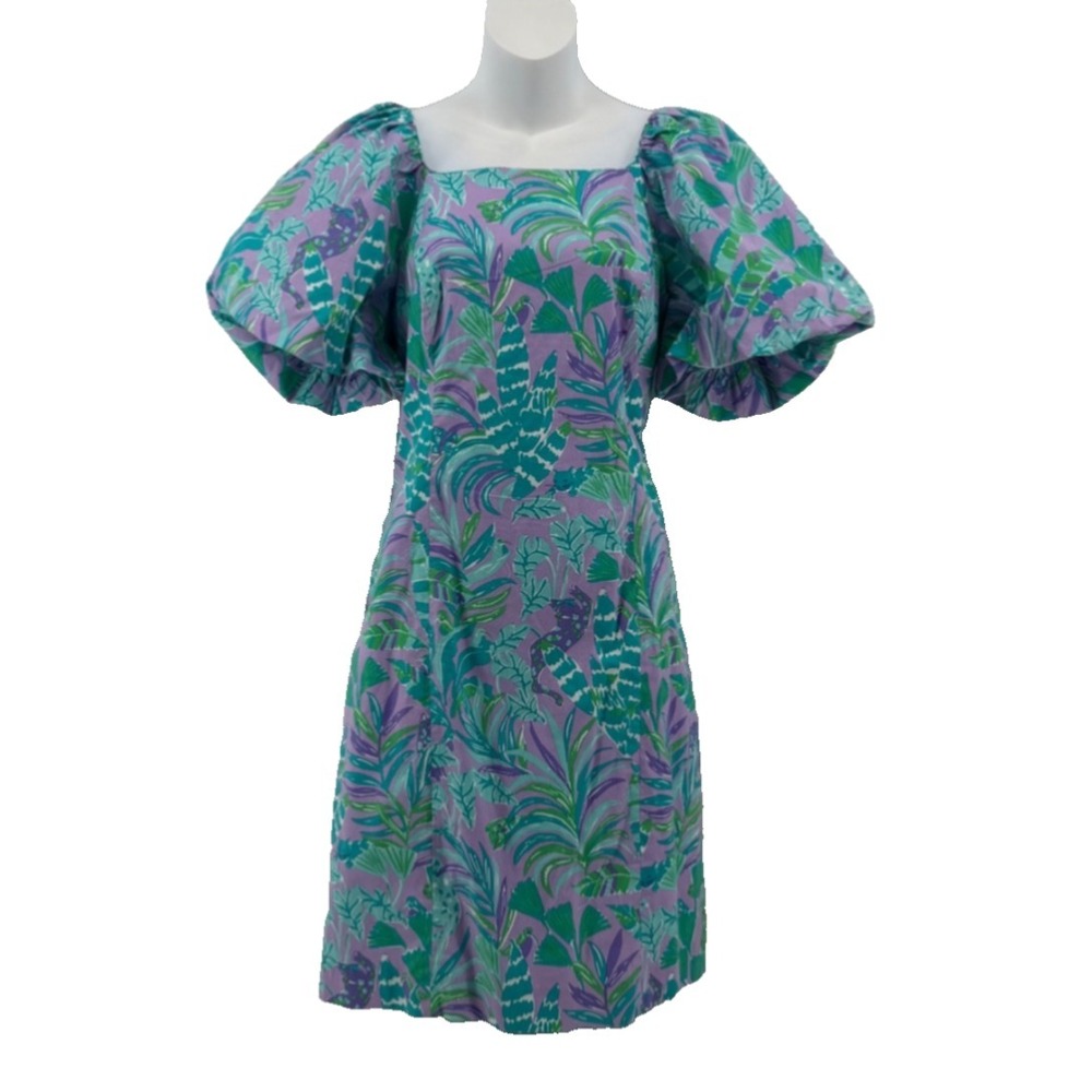 Lilly Pulitzer Lettie Dress Women's Puff Sleeve Stretch Tropical Size 8